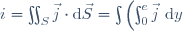 i = \iint_S \vec{j} \cdot\mathrm d\vec{S} = \int \left(\int_0^e \vec j\ \mathrm dy\right)\ \mathrm dx\cdot\vec u